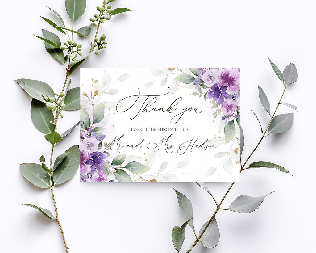 Purple wedding thank you template lilac floral printable editable cards stationery