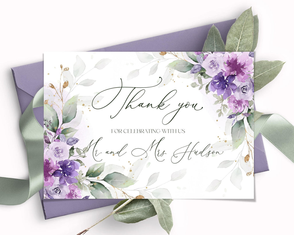 Wedding Thank You Card Template Lilac Floral Thank You Cards, Printable Purple Thank You Editable Wedding Stationery