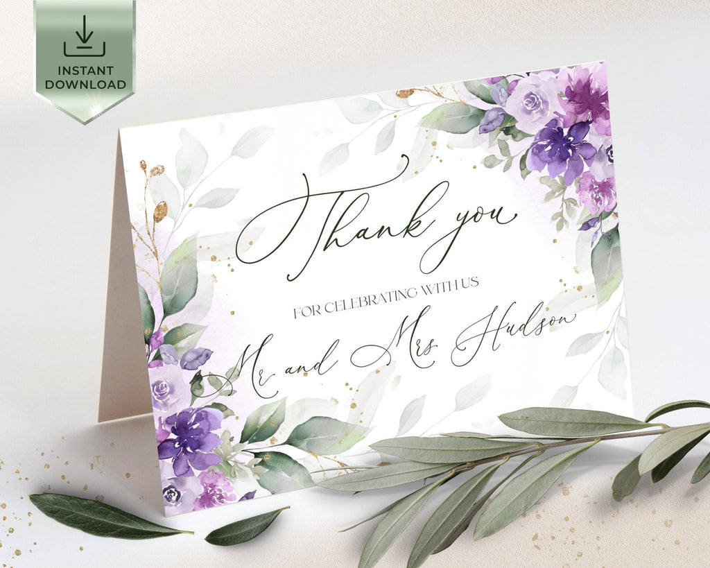 Lilac wedding thank you cards floral purple printable editable template stationery
