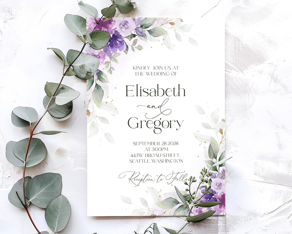 Purple wedding invitation template, lilac lavender wedding invite, floral wedding stationery editable