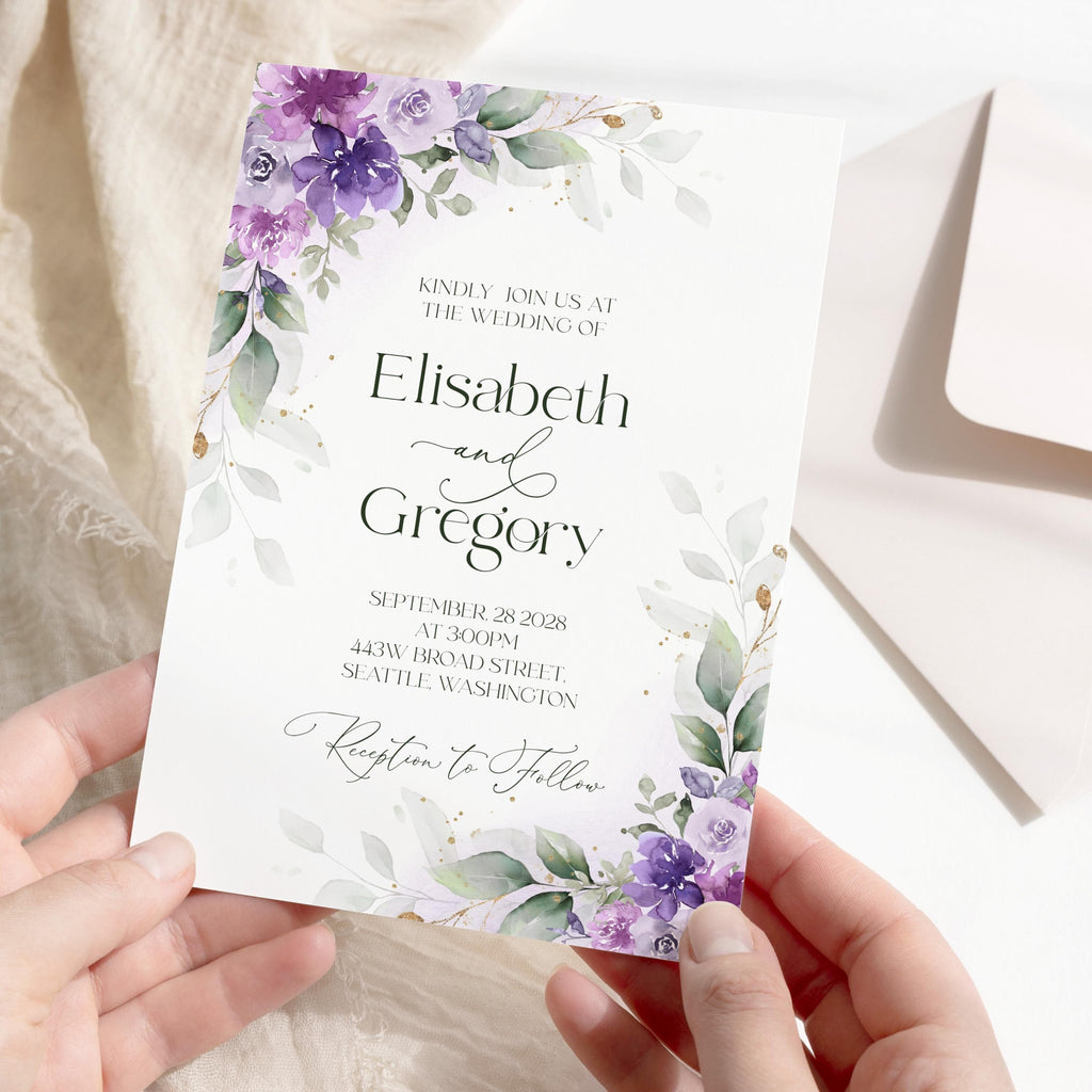 Editable lilac wedding invitation, purple floral wedding template, lavender wedding stationery card printable