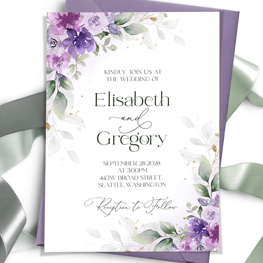 Lilac wedding invitation template, purple floral wedding invite, editable lavender wedding stationery card
