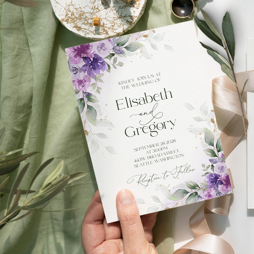 Floral lilac wedding invitation template, purple lavender wedding card, editable wedding stationery invite