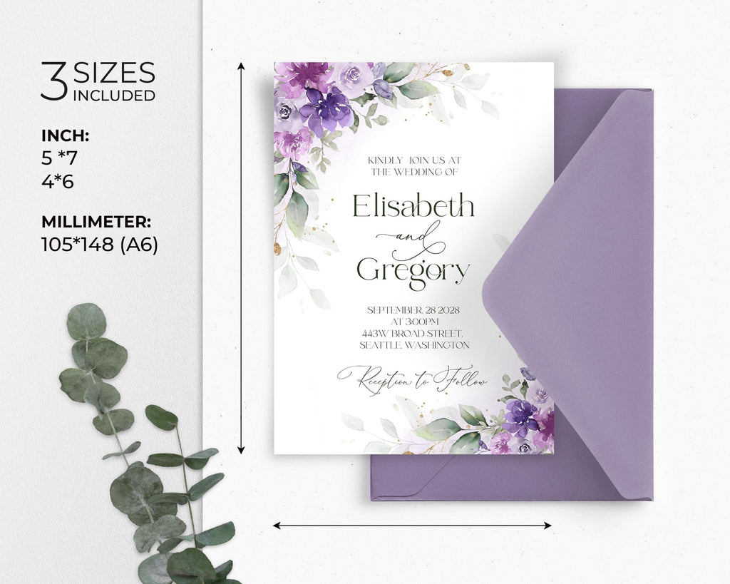 Lilac Floral Wedding Invitation Template: Editable Lavender Card (5x7, A6, Digital Download