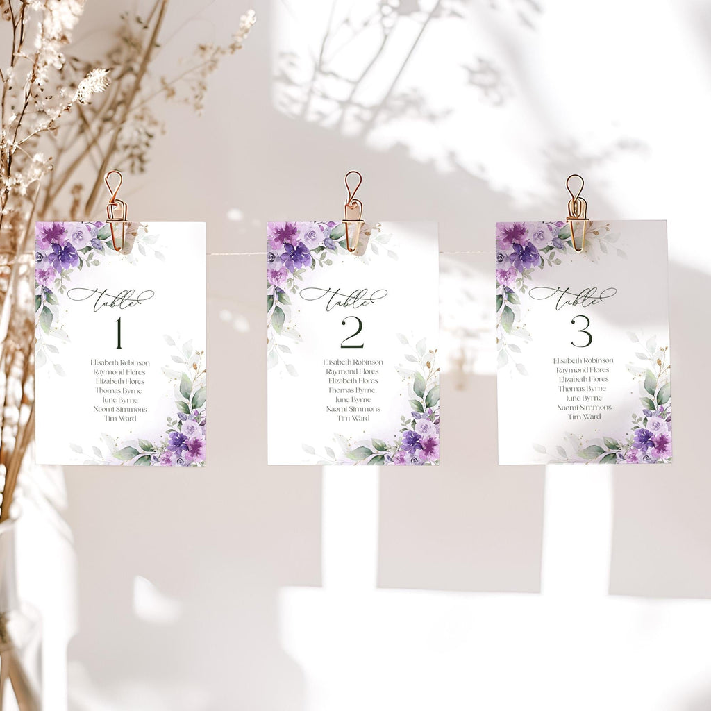 Editable lilac seating chart template, purple wedding escort cards, DIY hanging seat card printable