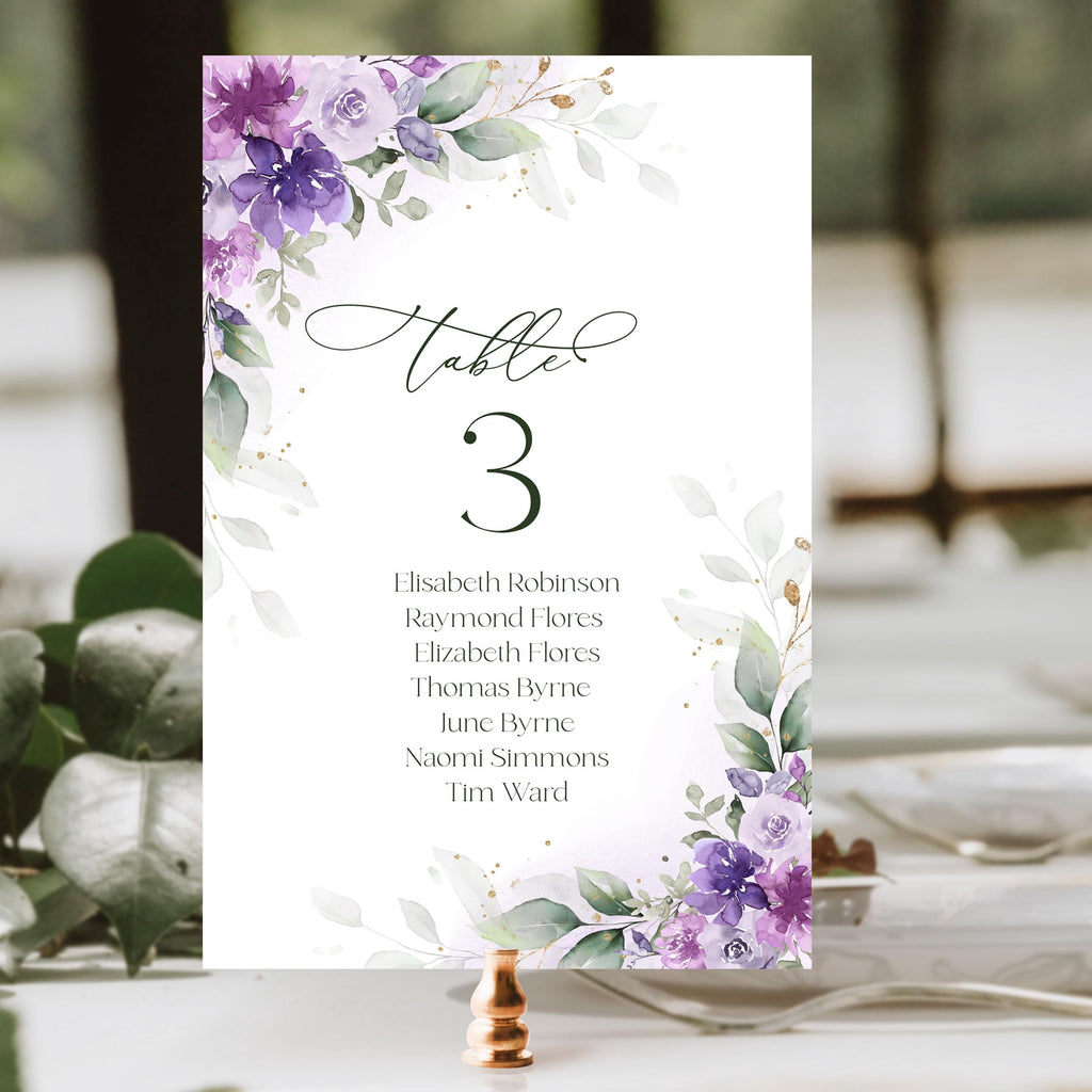 DIY lilac wedding seating cards template, purple escort card printable, editable hanging seat chart
