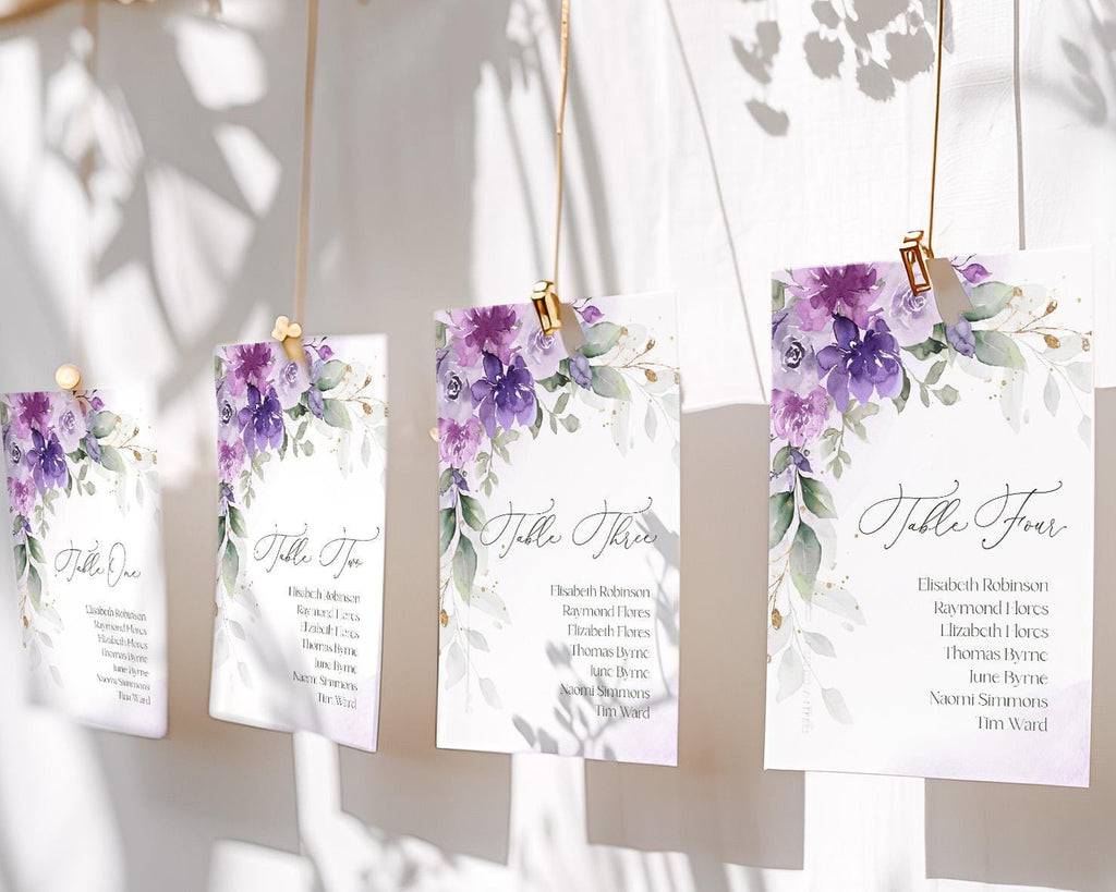 Editable lilac reception seating cards, purple wedding escort cards template, DIY hanging seat cards