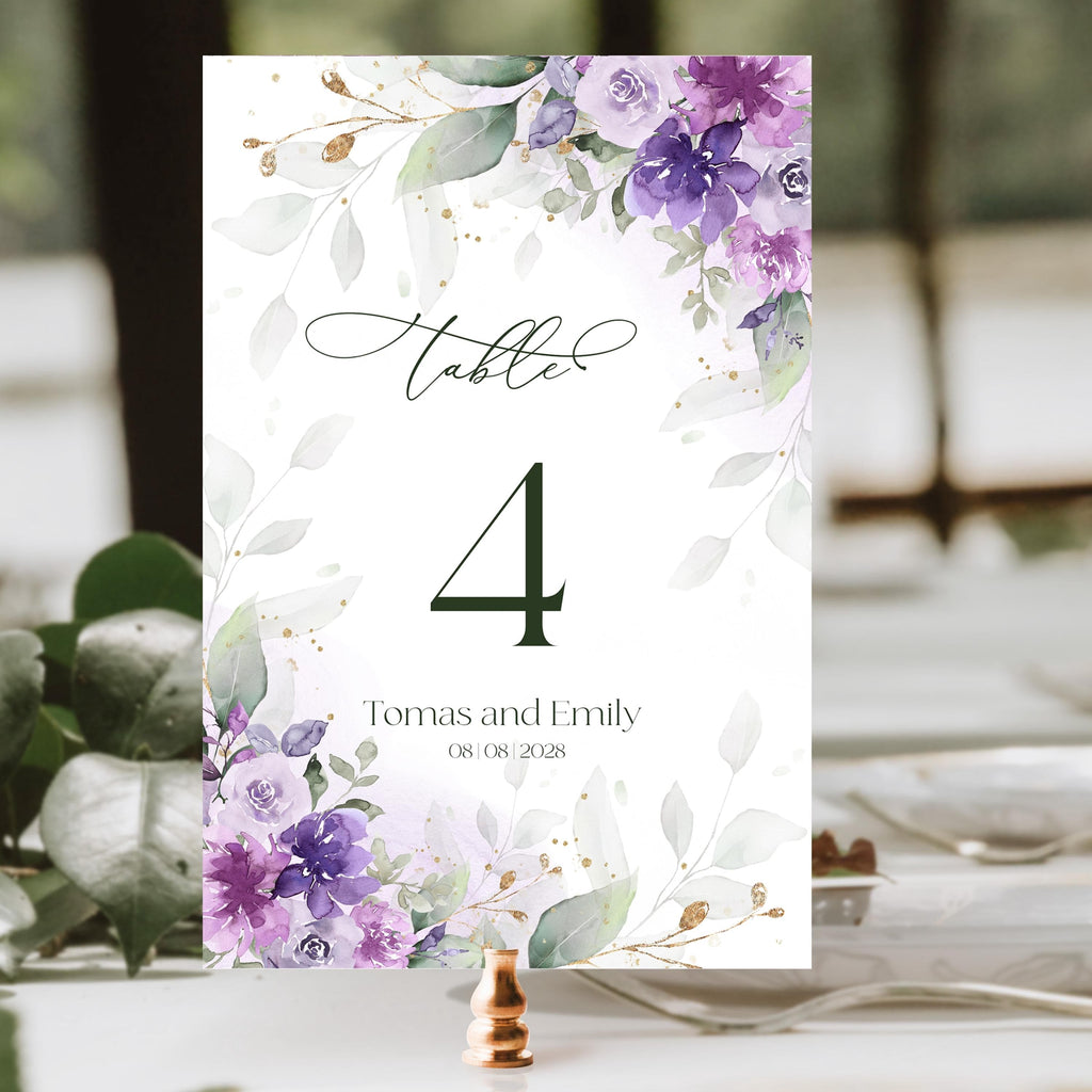 Lilac table numbers template, wedding table numbers purple floral, editable reception table cards