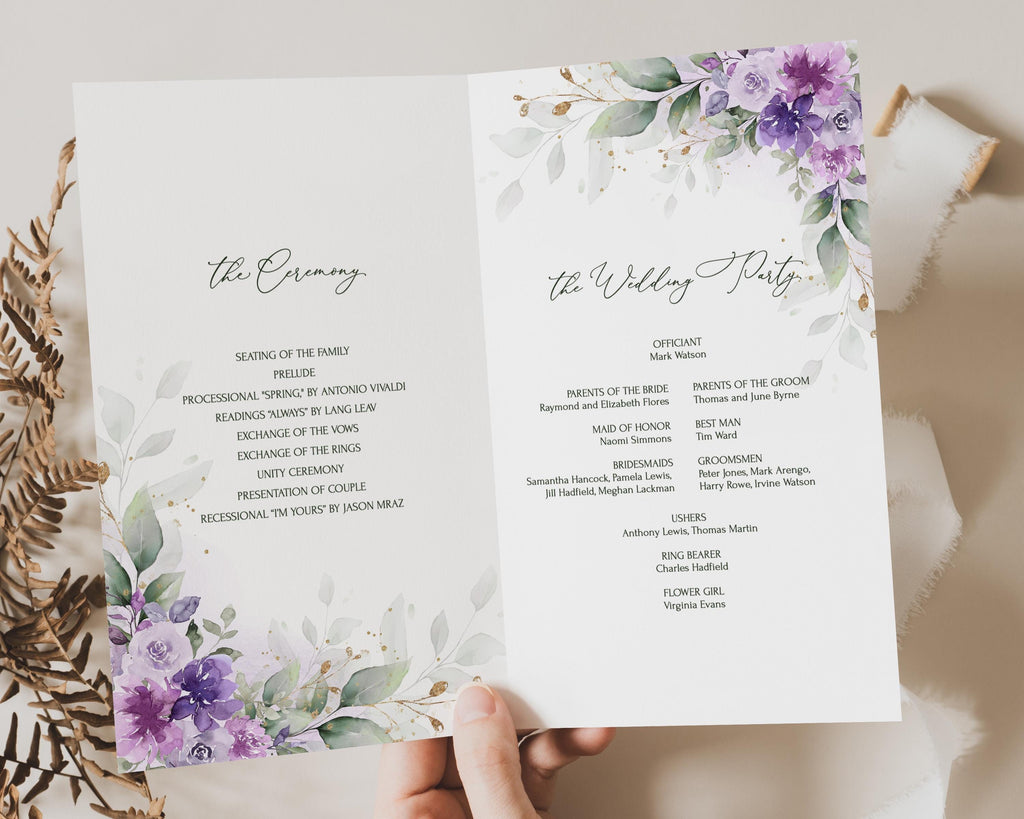 Lilac Floral Wedding Program Booklet Template: Editable Ceremony Order