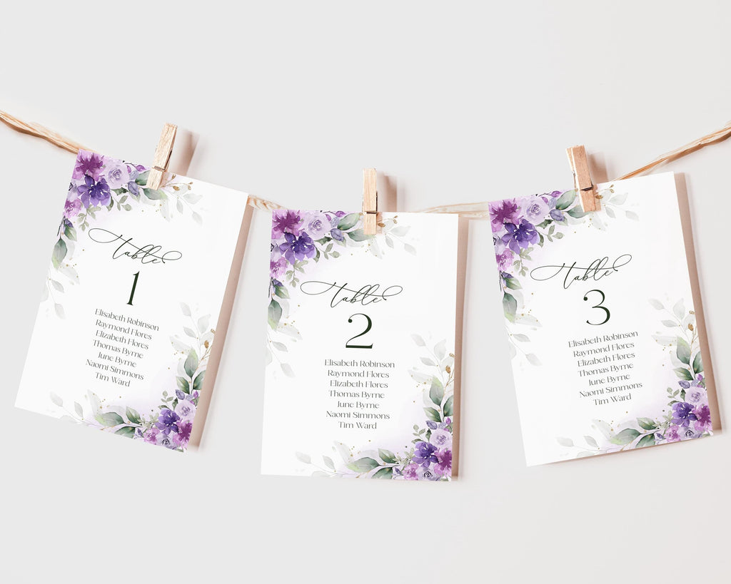 Purple lilac escort cards template, editable wedding seating chart, DIY hanging seat card printable
