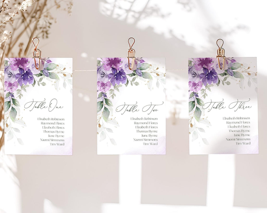 Wedding lilac seating chart template, purple escort cards DIY, editable hanging reception seat cards