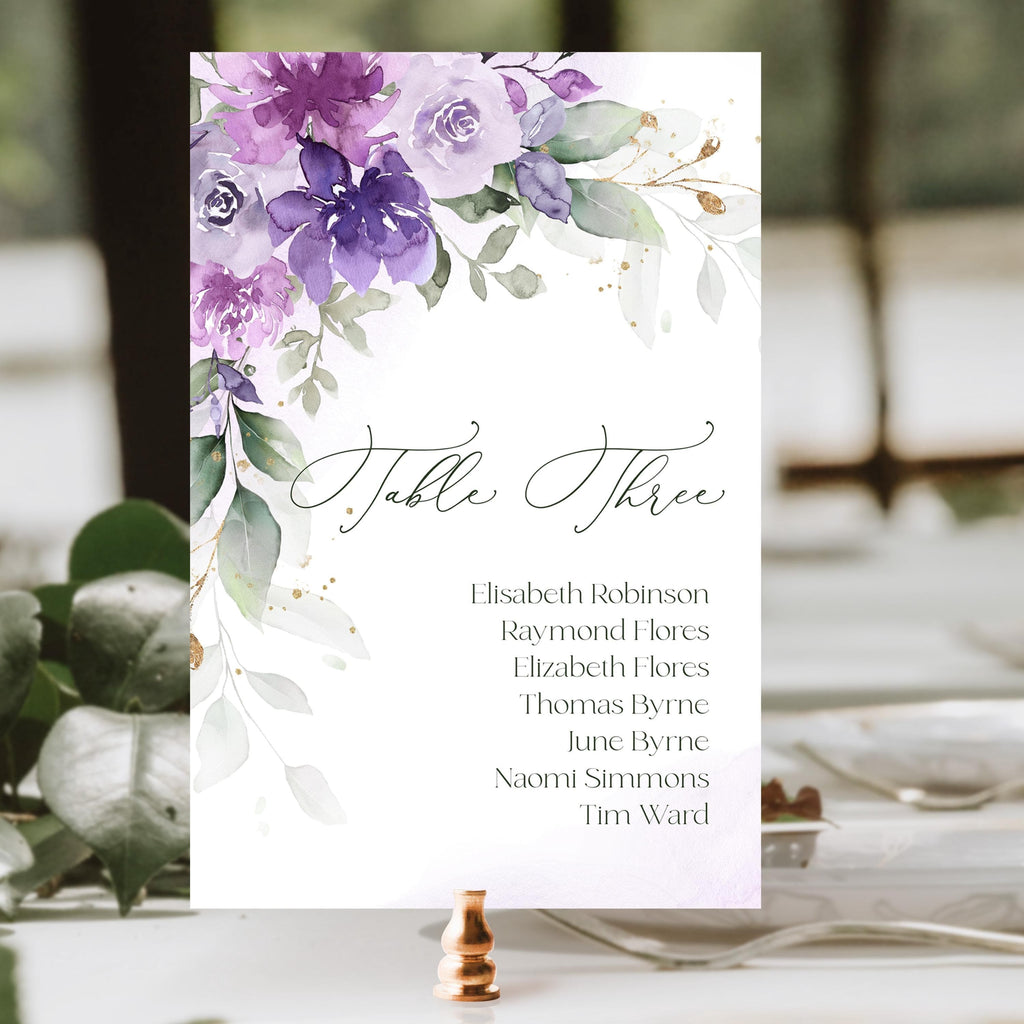 DIY lilac escort cards template, editable wedding seating chart, purple hanging reception seat cards