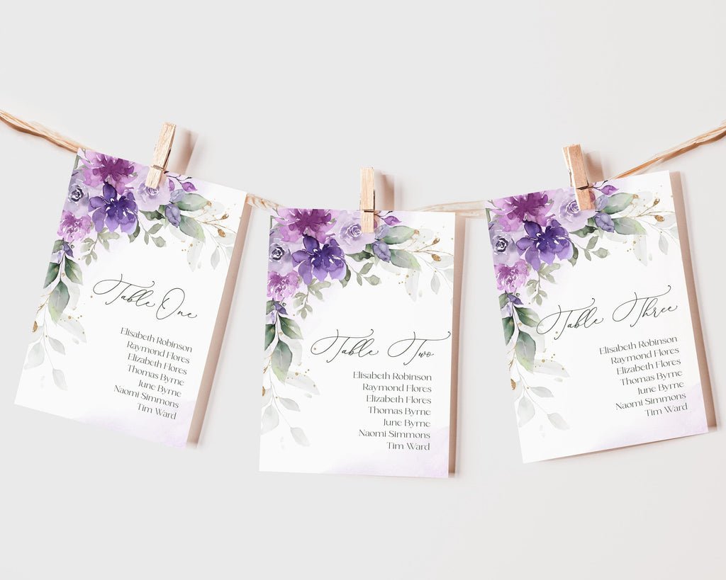 Lilac table seating chart card template, wedding hanging seat cards, purple escort cards editable DIY