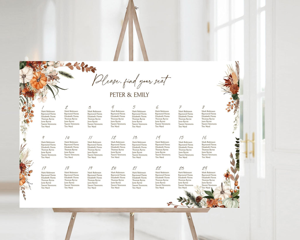 Fall wedding seating chart template, pumpkin autumn wedding signage, burnt orange terracotta wedding decor