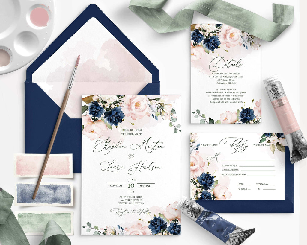 LPE0006 Wedding Invitation Set | Navy Blue & Blush | Editable Printables