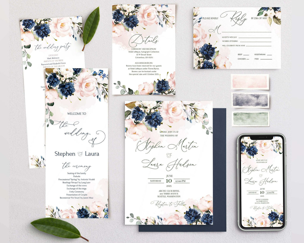 LPE0006 Wedding Invitation Set | Navy Blue & Blush | Editable Printables