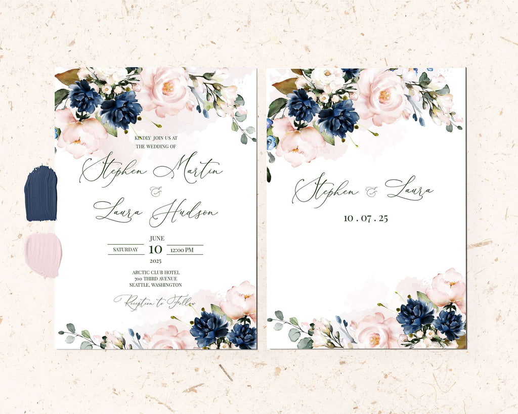 LPE0006 Wedding Invitation Set | Navy Blue & Blush | Editable Printables