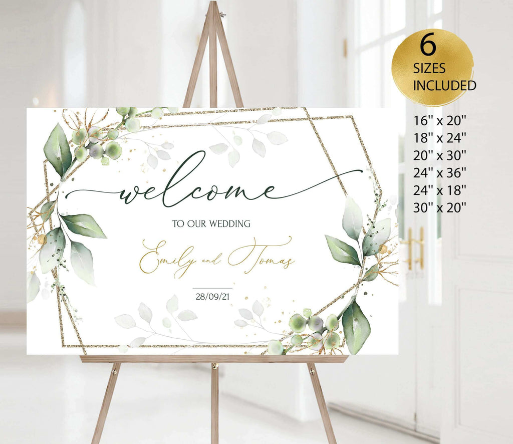 LPE0008 Welcome Wedding Signs | Green & Gold Geometric | Modern DIY Printables