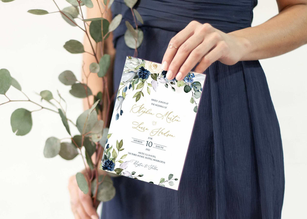 LPE0015 Wedding Invitation Card | Navy Blue Flowers | Editable Templates