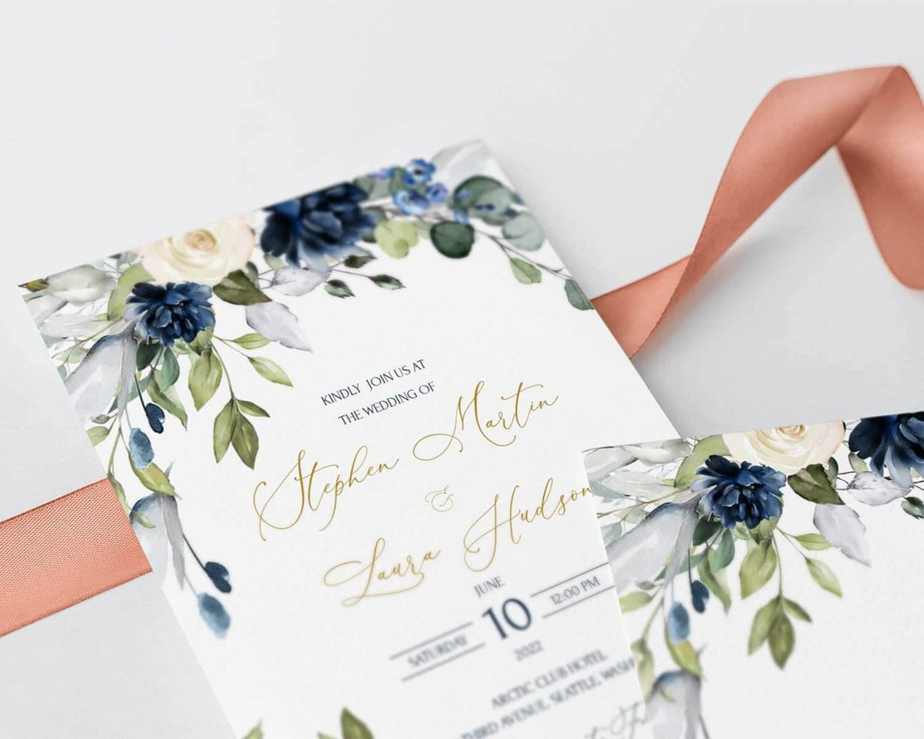 LPE0015 Wedding Invitation Card | Navy Blue Flowers | Editable Templates