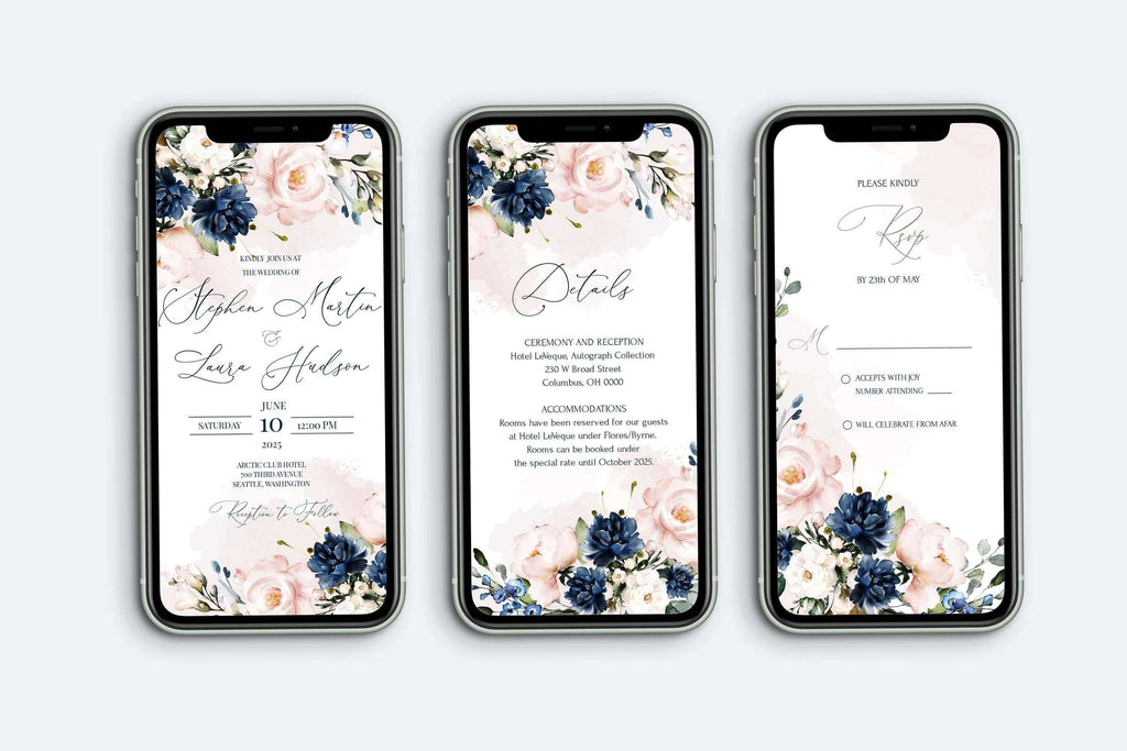 LPE0026 Wedding Evites: invite, RSVP, Details, Navy Blue & Blush Pink