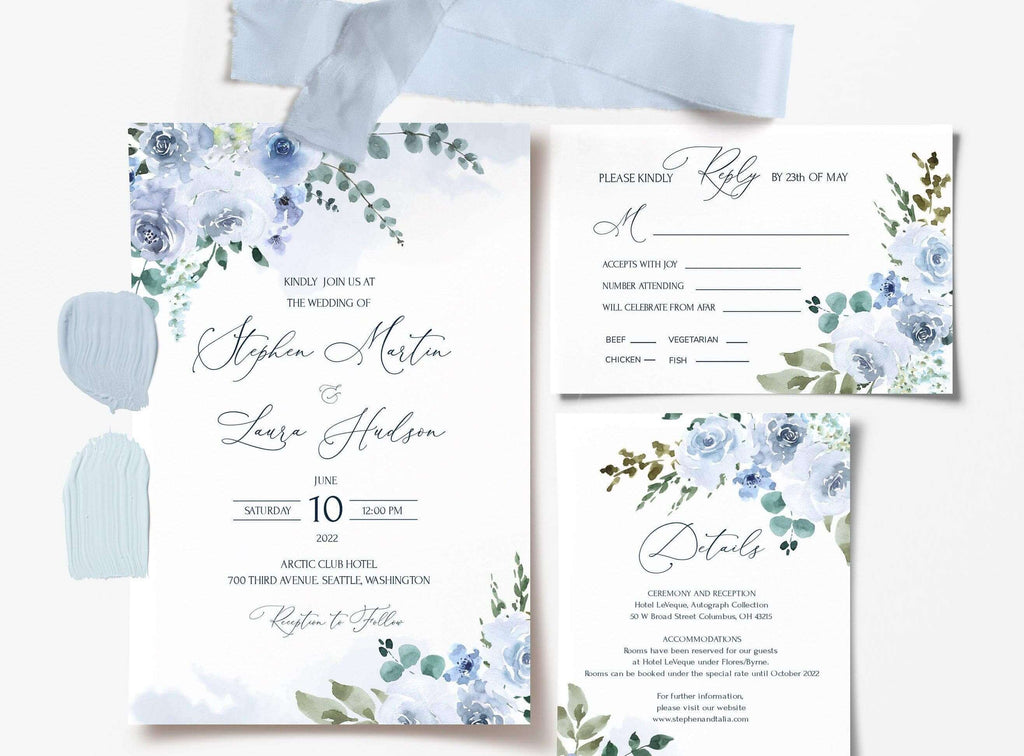 LPE0027 Wedding Invitation Cards  |  DIY Wedding  | Light Blue & Watercolor
