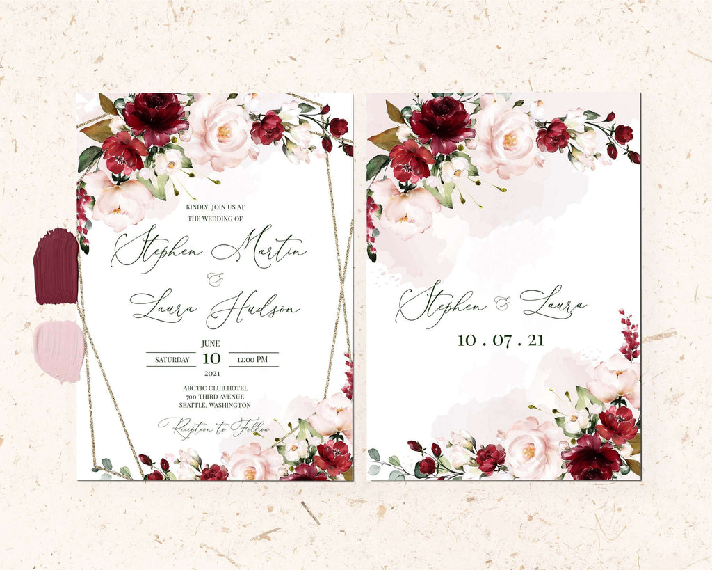 LPE0035 Wedding Invite & RSVP | Editable Templates | Burgundy & Blush