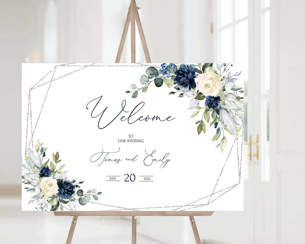 LPE0038 Wedding Signs | Stationery Pack | Navy Blue & Silver | DIY Templates