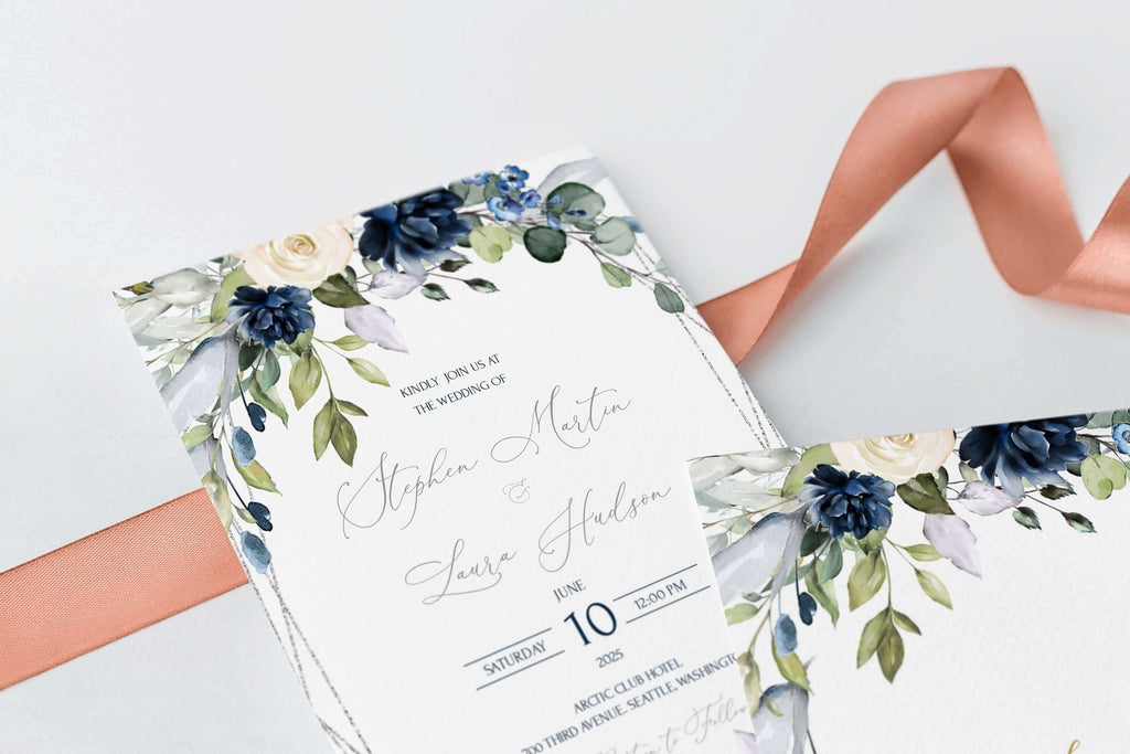 LPE0046 Wedding Invite Templates | Navy Blue & Silver Geometric | Printables