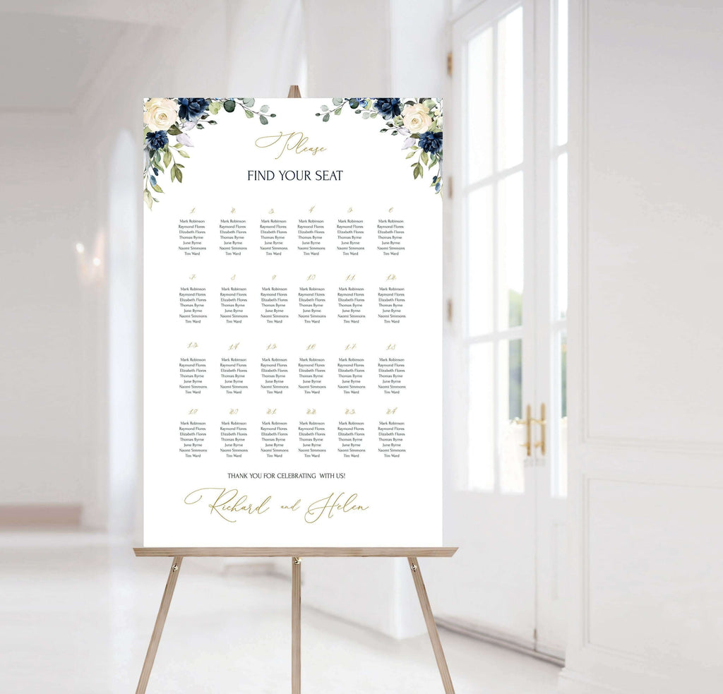 LPE0056 OCEAN Navy Blue Floral Wedding Seating Chart Editable DIY Printable