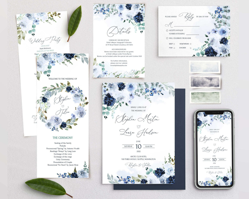 LPE0057 Wedding Stationary Set | Watercolor & Navy Blue | Editable Templates