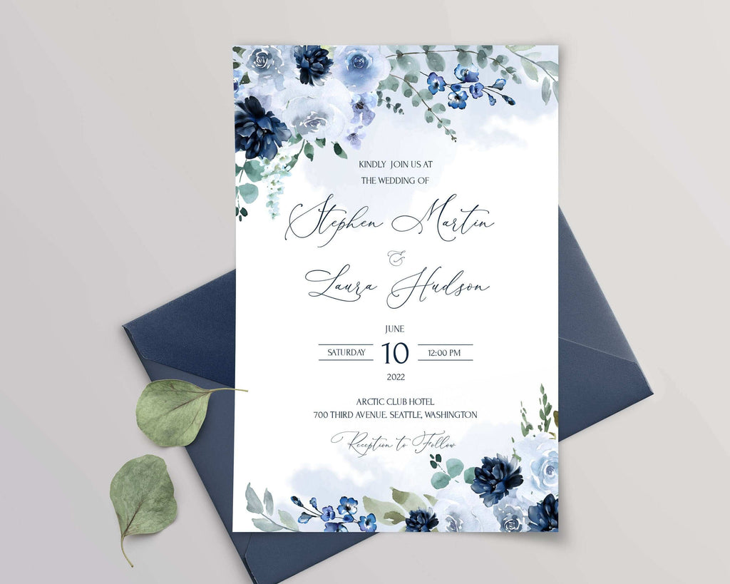 LPE0057 Wedding Stationary Set | Watercolor & Navy Blue | Editable Templates