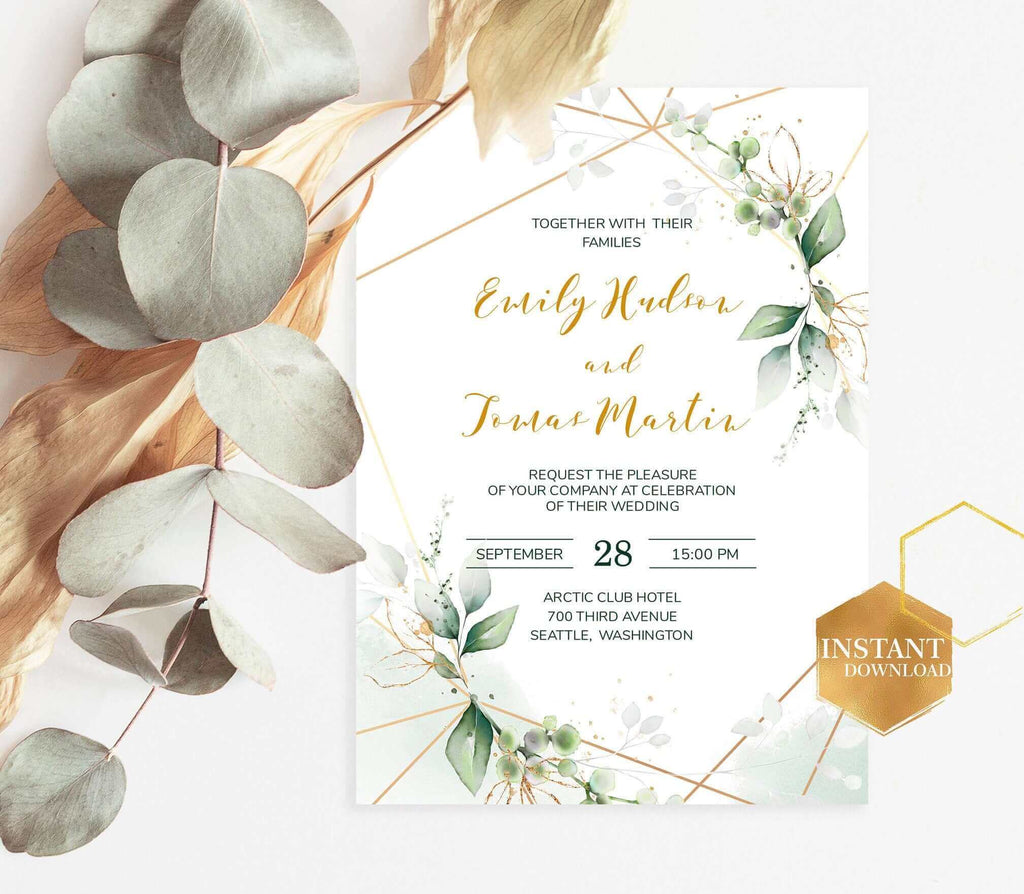 LPE0058 Invitation & Rsvp | Greenery and Gold Wedding | Editable Templates