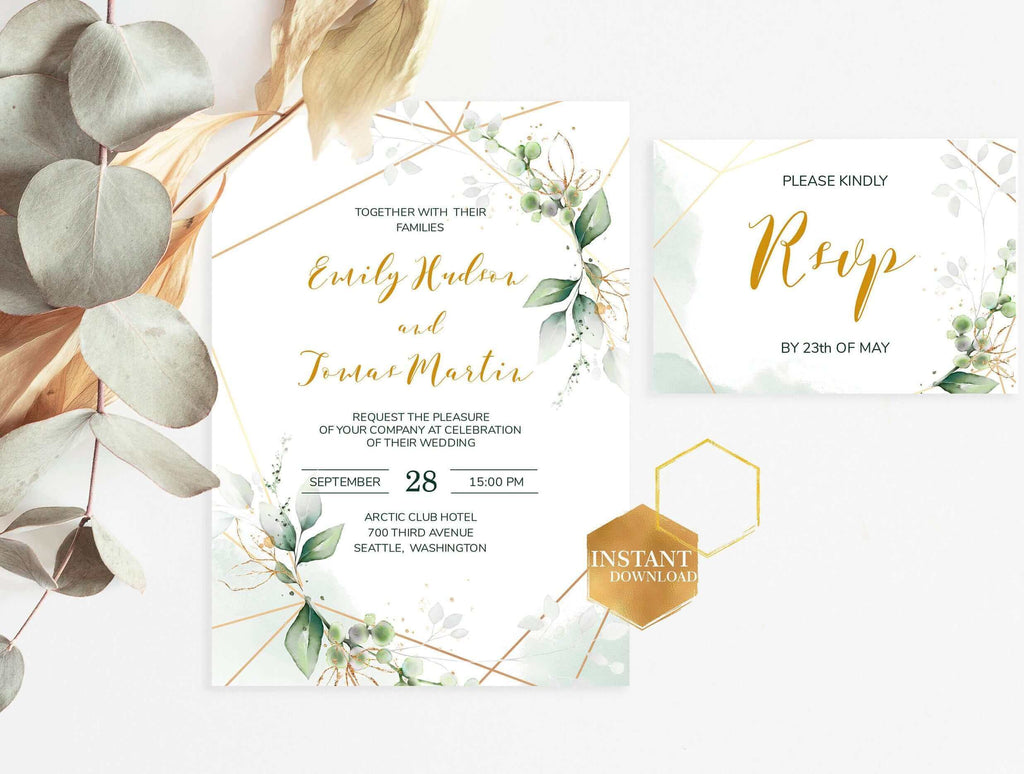 LPE0058 Invitation & Rsvp | Greenery and Gold Wedding | Editable Templates