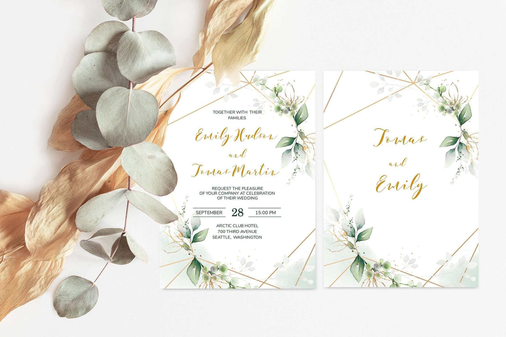 LPE0058 Invitation & Rsvp | Greenery and Gold Wedding | Editable Templates