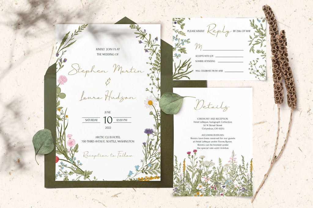 LPE0065 Wedding Invitation Set: invite, rsvp, details, Wild Flowers Rustic