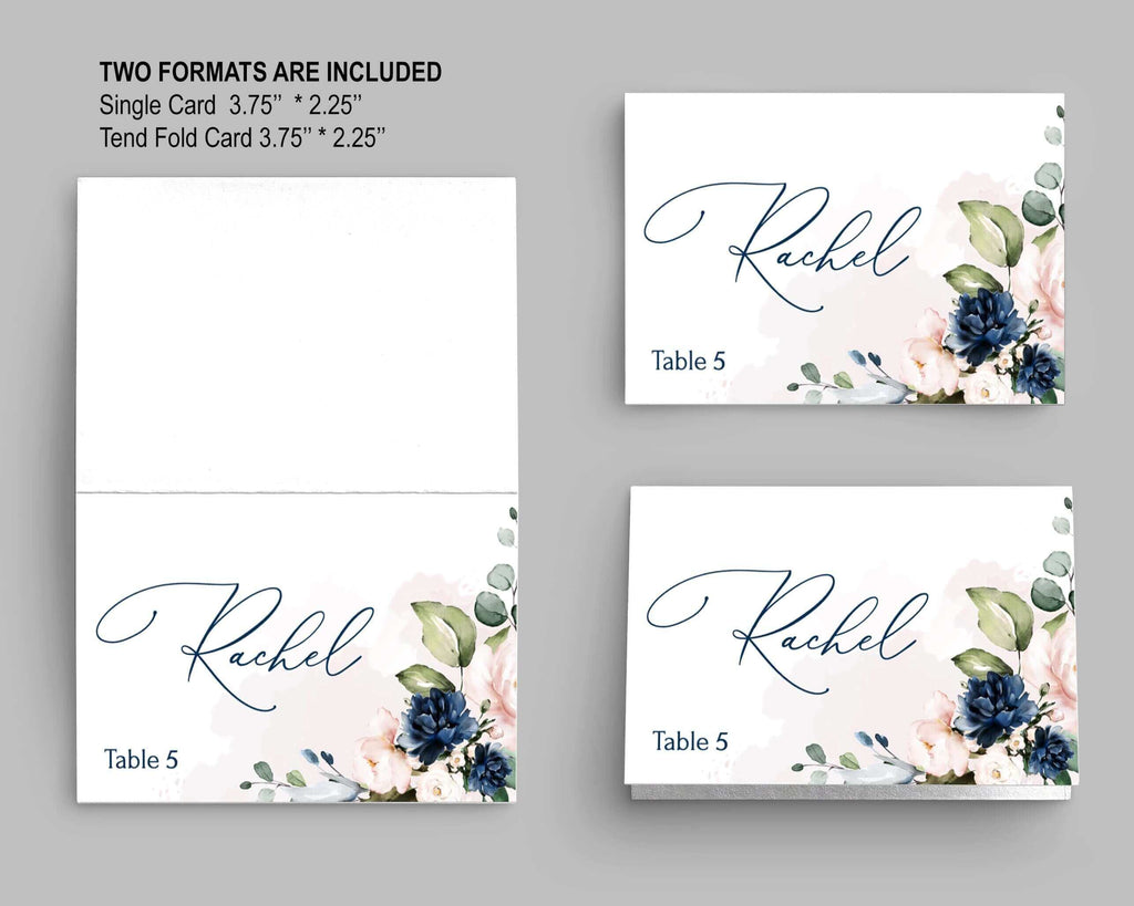 LPE0069 Place Card Template | Navy Blue & Blush | Editable DIY Printable