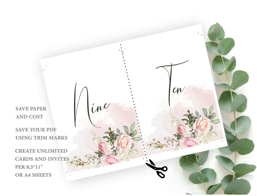 LPE0072 Table Number Template | Blush PInk Floral Wedding | DIY Printables