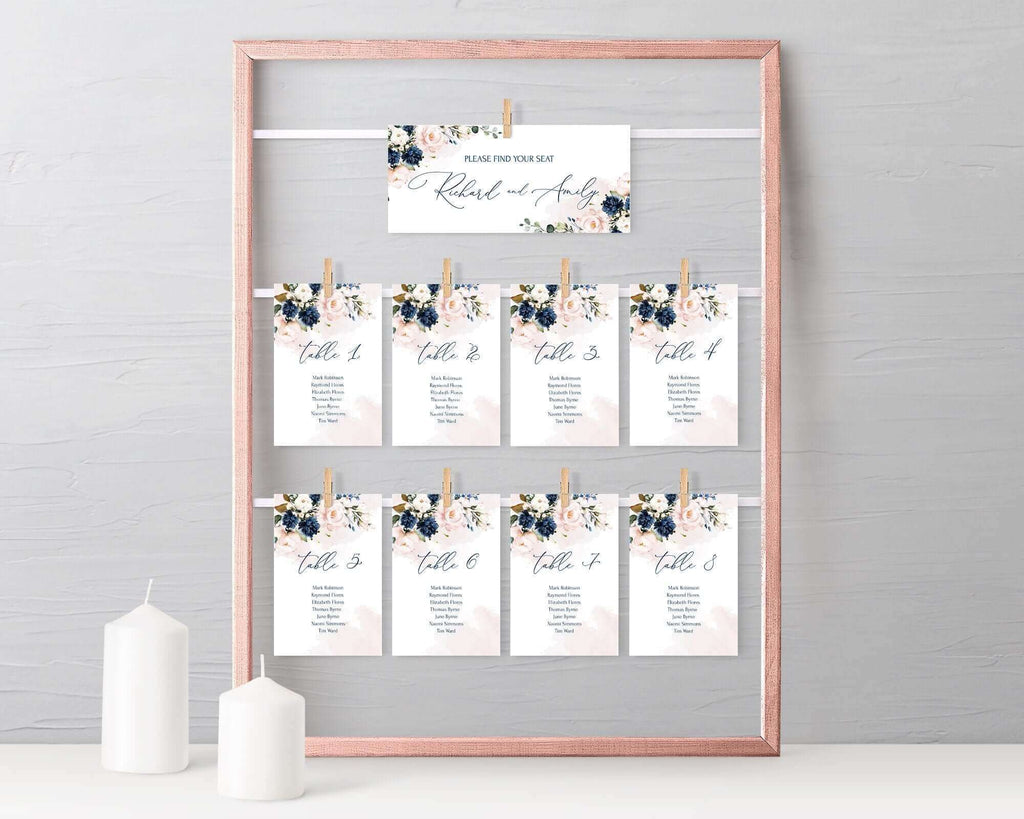 LPE0076 Hanging Seating Plan | Navy Blue & Blush Floral | Editable Printables