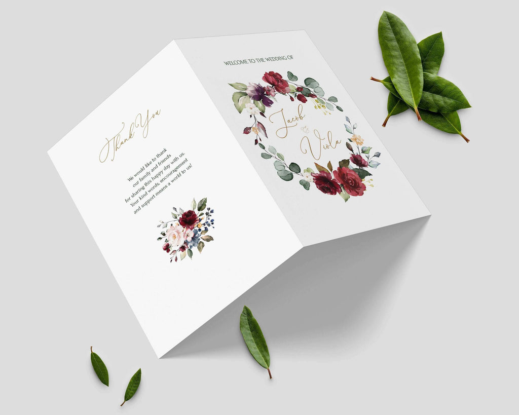 LPE0080 Folded Wedding Program, Burgundy & Soft Pink Flowers, DIY Printables