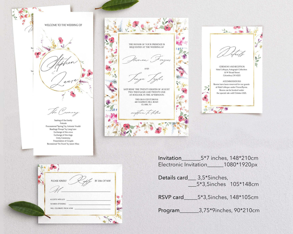 LPE0086 Rustic Wedding Invitation Suite | Wild Flowers & Gold | DIY Printables