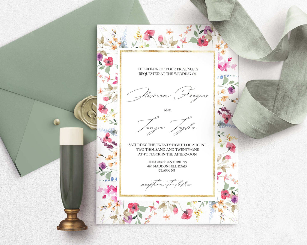 LPE0086 Rustic Wedding Invitation Suite | Wild Flowers & Gold | DIY Printables