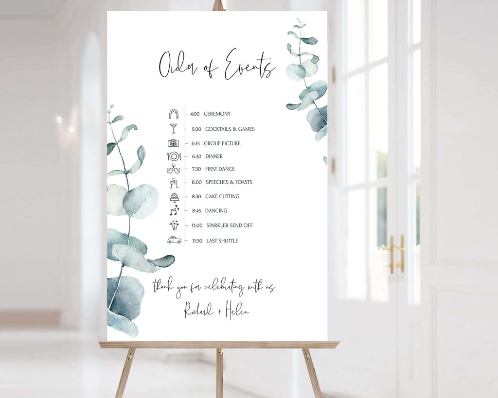 LPE0090 Order of Еvents Wedding Sign | Eucalyptus Sage Green | Editable Templates