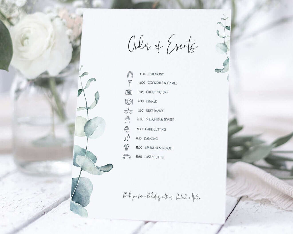 LPE0090 Order of Еvents Wedding Sign | Eucalyptus Sage Green | Editable Templates