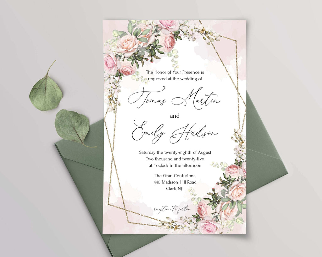 LPE0091 Wedding Invitation Template | Watercolor Pink Flowers | DIY Printables