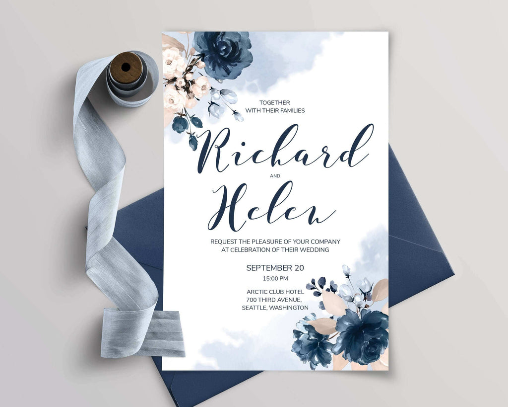 LPE0095 Wedding Invite & Evite, Navy Blue & Blush Flowers, Editable Templates