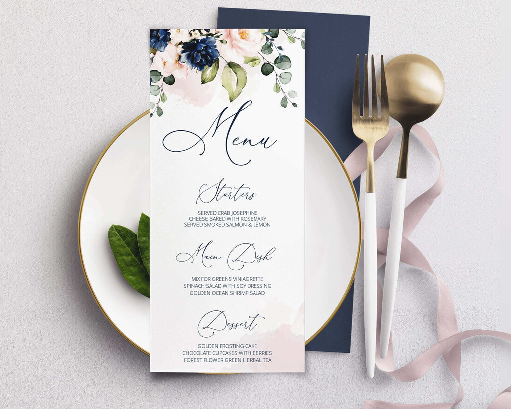 LPE0107 Wedding Menu Template, Navy Blue & Blush Pink, Editable DIY Printables