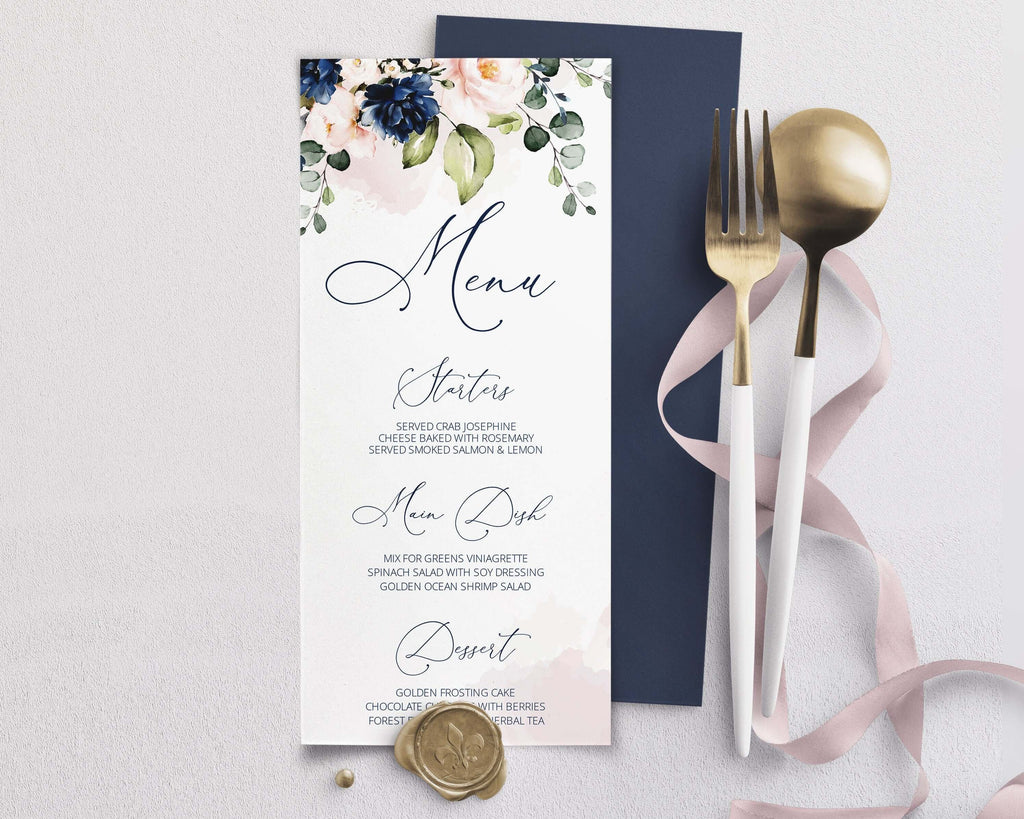 LPE0107 Wedding Menu Template, Navy Blue & Blush Pink, Editable DIY Printables