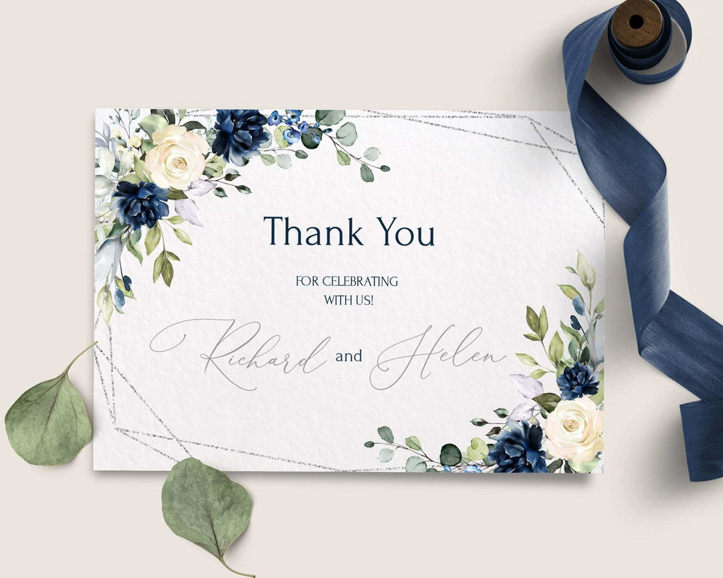 LPE0124 Thank You Cards | Navy Blue & Silver Wedding | Editable Printables