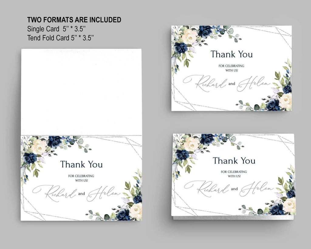 LPE0124 Thank You Cards | Navy Blue & Silver Wedding | Editable Printables